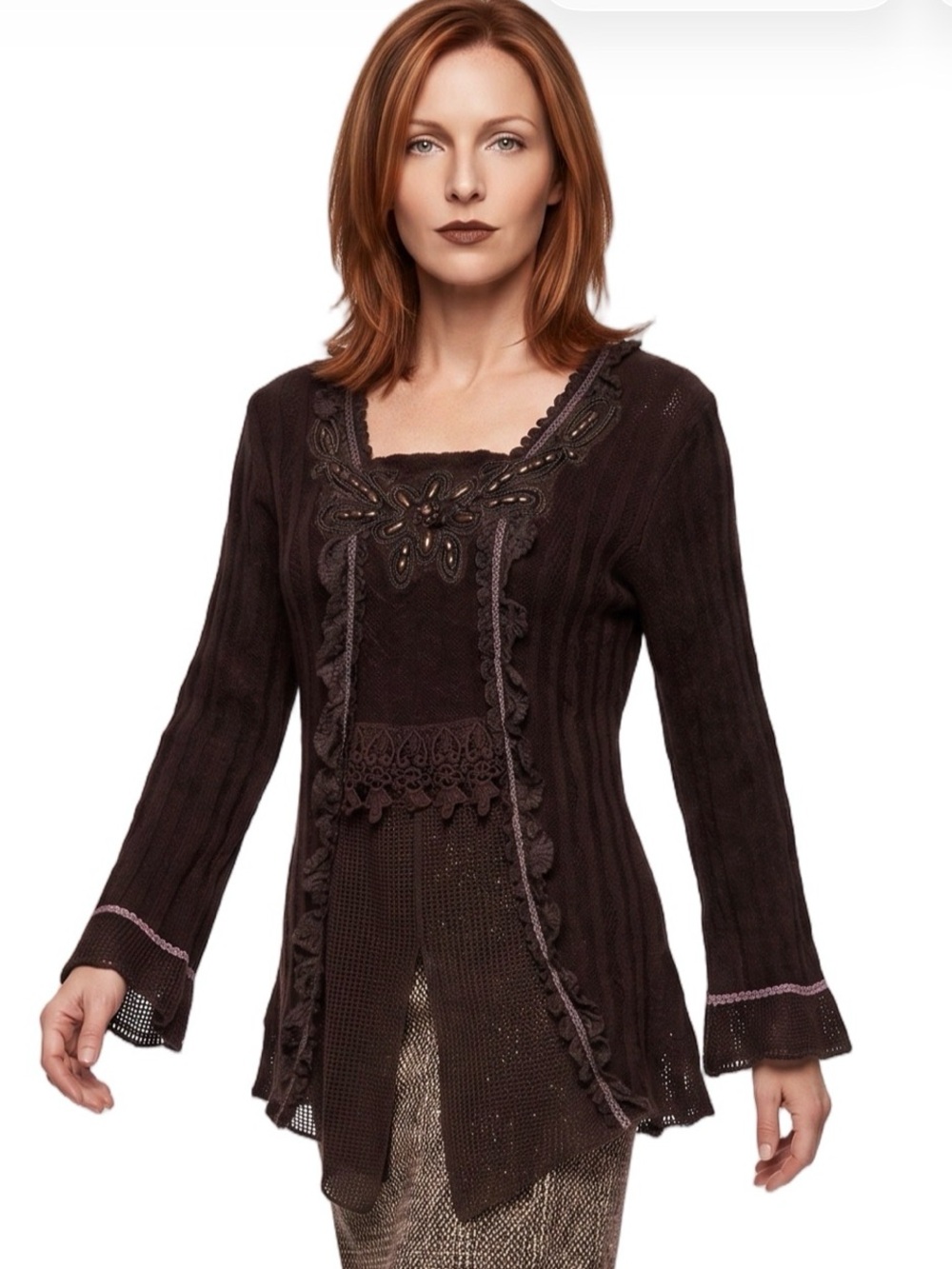 PRETTY ANGEL Brown Embroidery beaded Sweater Longsleeve Square Neck Mesh Lace